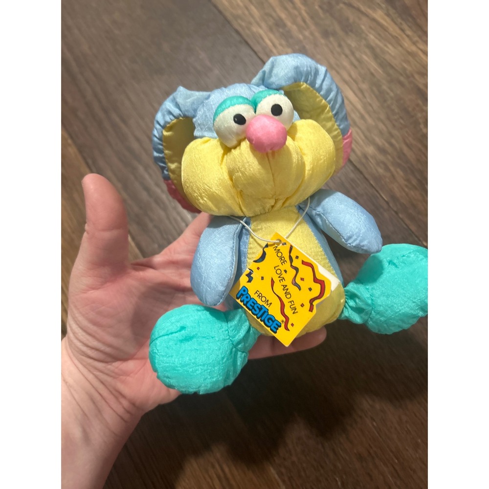 Vintage 80s Prestige Plush Toy Blue Yellow Pink Creature Stuffed Animal With Tag